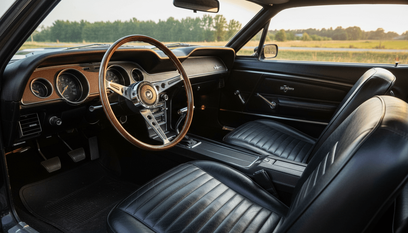Manos sosteniendo un espejo retrovisor cromado de Mustang clásico sobre una mesa de madera con piezas de repuesto al fondo
