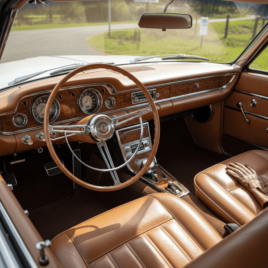 Tablero clásico de Mustang restaurado con asientos de piel, interior vintage