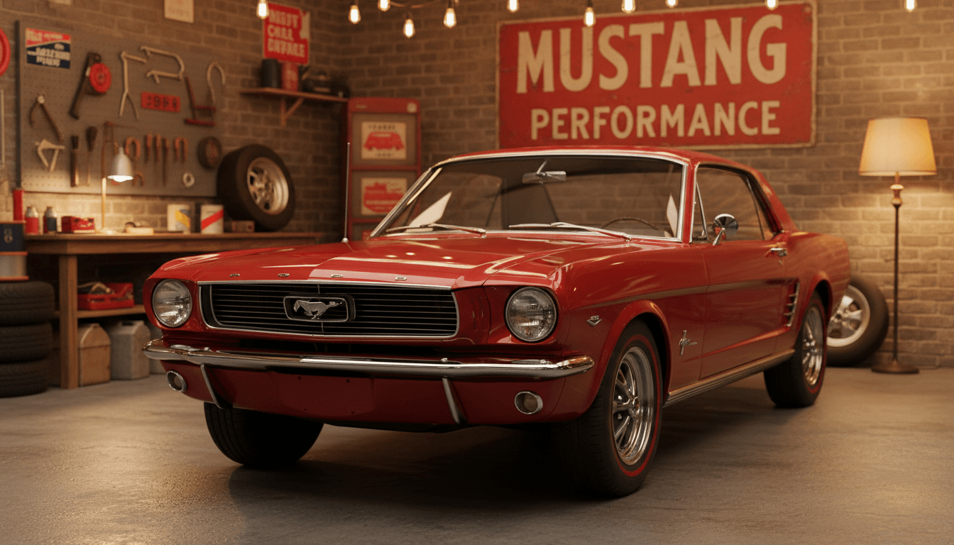 Ford Mustang 1965 clásico de frente en un garaje con luz cálida