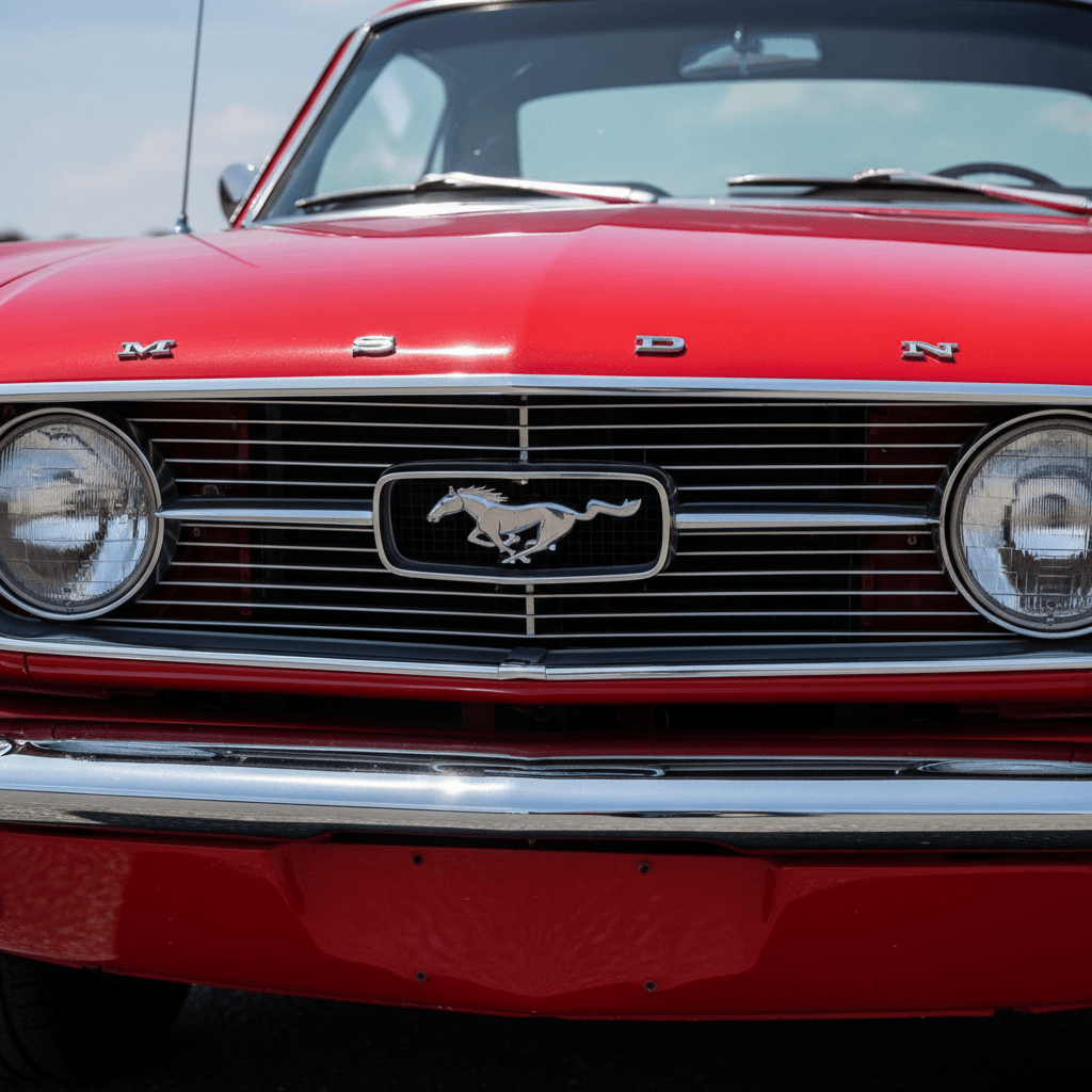 Parilla cromada y faro delantero de Mustang clásico, detalle de frente