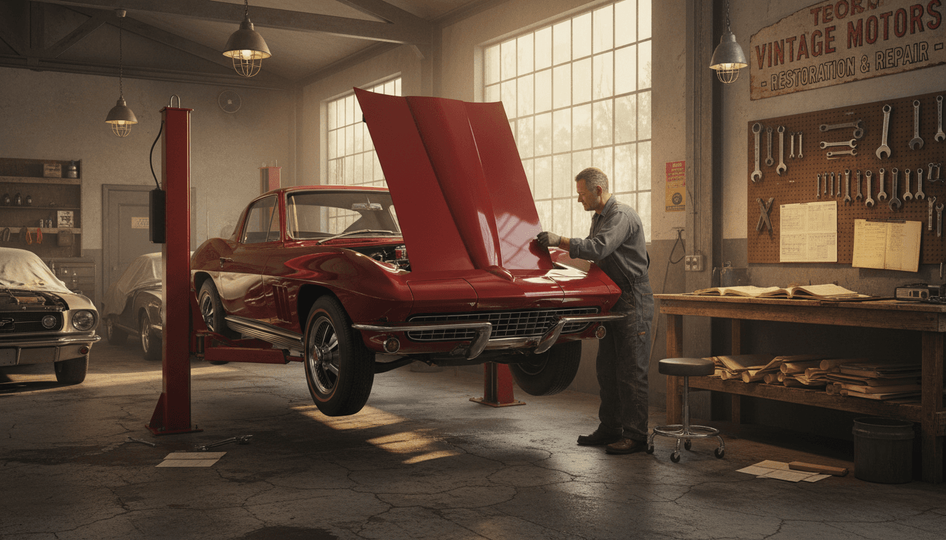 Detalle del motor de un Mustang clásico con una pieza original sostenida en la mano, luz natural de taller en Puebla.